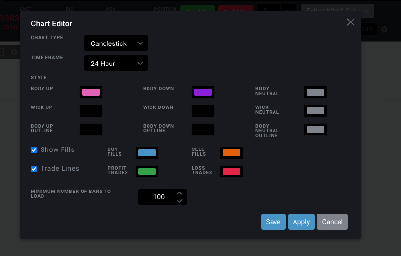 Tradovate-Chart-Editor-Panel mit dem auf einen höheren Wert gesetzten Feld Minimum Bars to Load