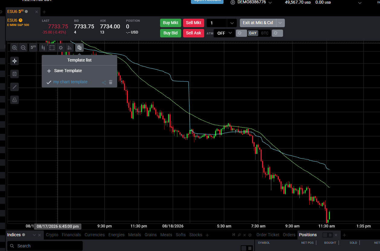 Menu del grafico Tradovate che mostra l'opzione Templates Save Template