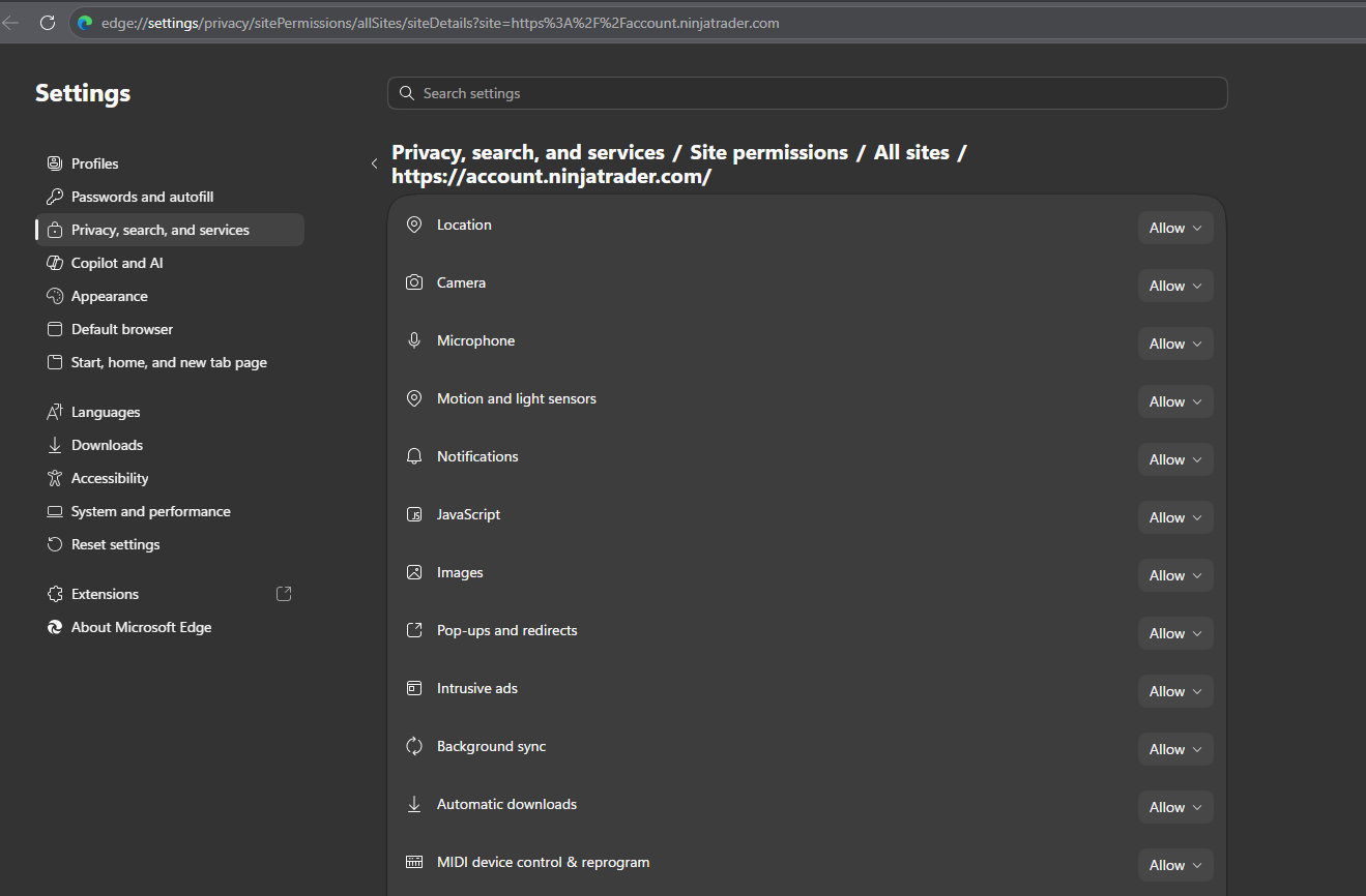 Browser site permissions panel showing all permissions allowed for account.ninjatrader.com