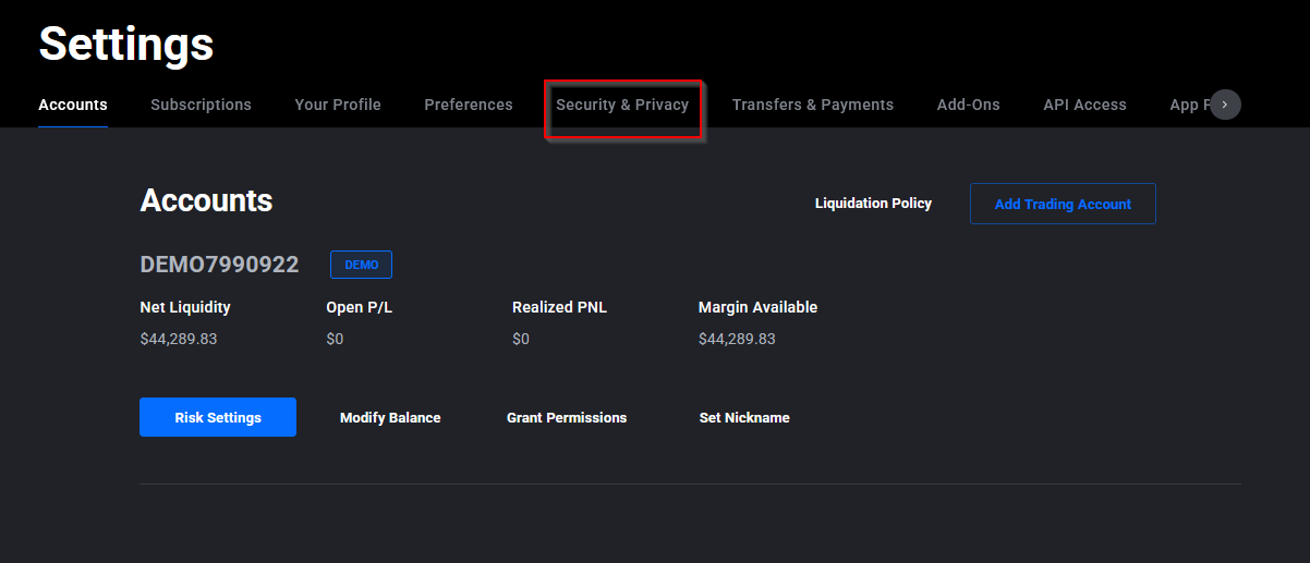 Application Settings de Tradovate affichant la section Security