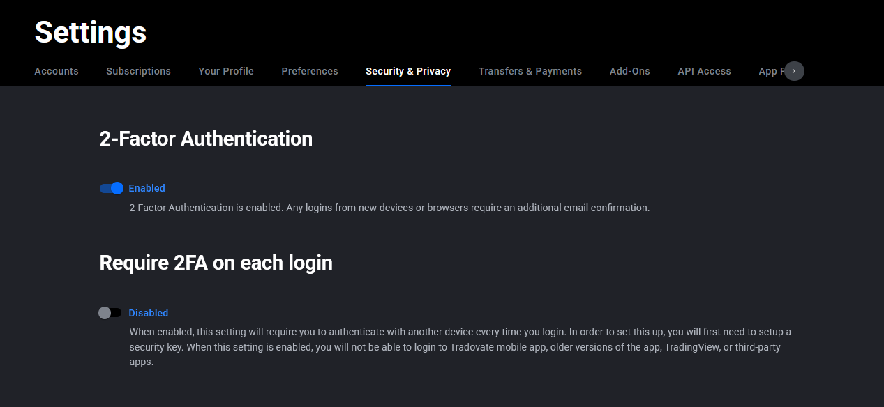 Page Security de Tradovate montrant le bouton 2FA activé