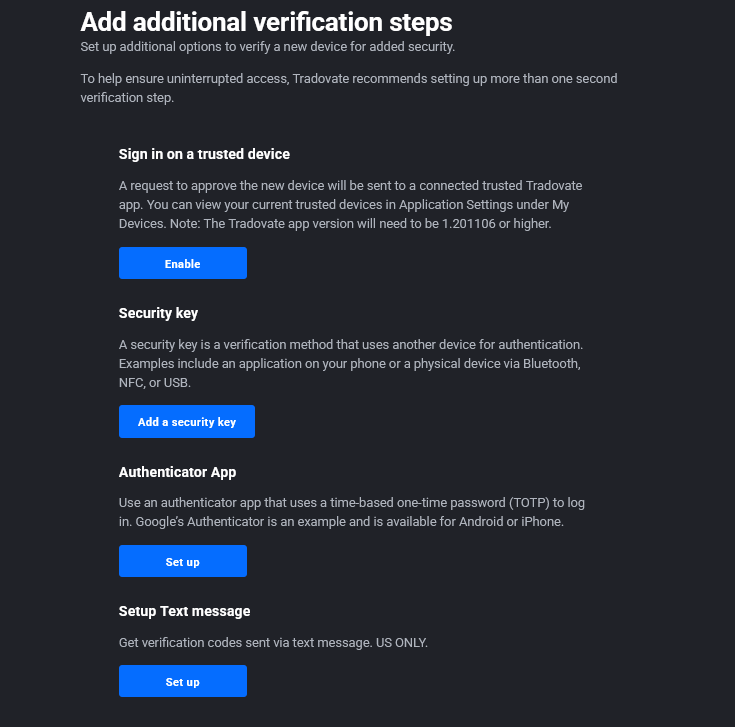Page Security de Tradovate montrant les options d'application d'authentification et de SMS avec une invite de méthode de secours