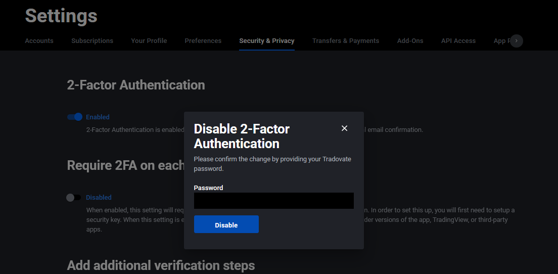 Page Security de Tradovate montrant le bouton 2FA désactivé