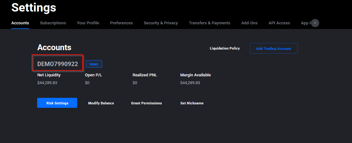 Pestaña Accounts de Application Settings de Tradovate con la cuenta demo SIM