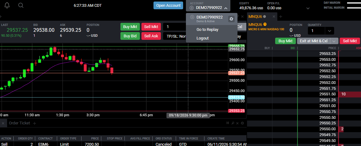 Tradovate account dropdown showing the gear icon and Account Reports option