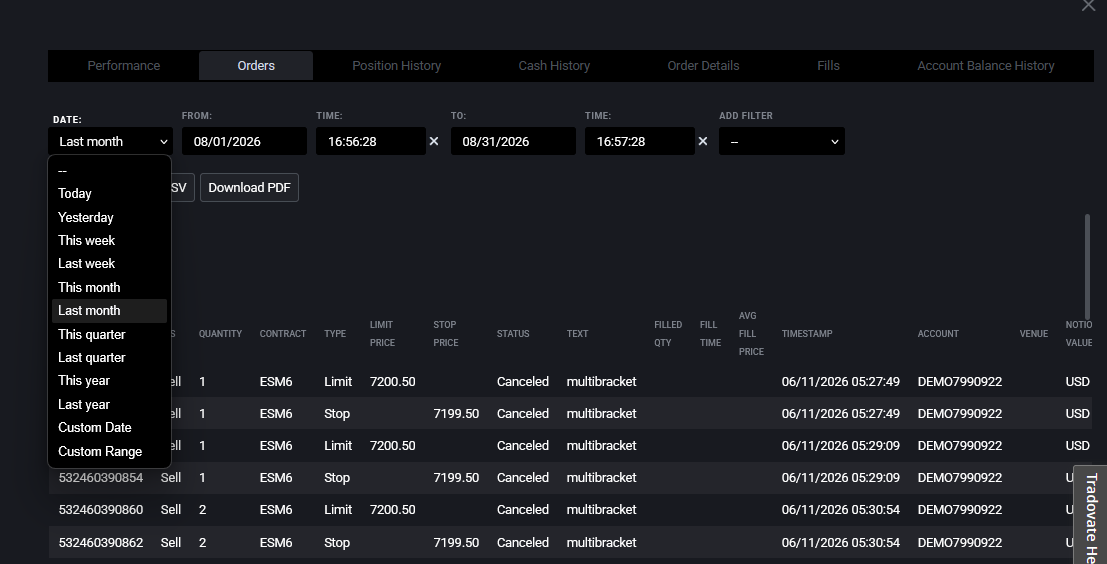 Tradovate Orders report date-range presets and Add Filter dropdown