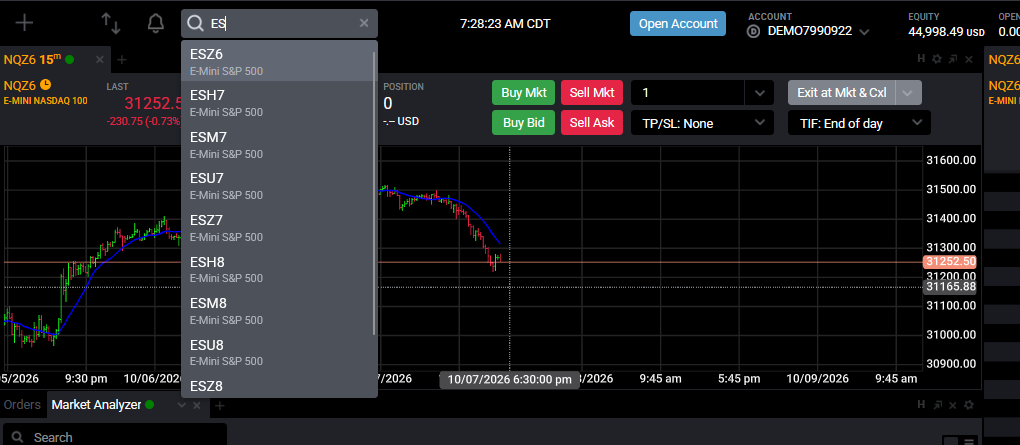 Tradovate Instrument Selector dropdown filtering live as a symbol is typed into the search bar