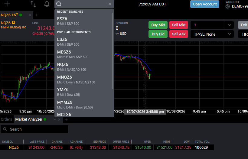 Tradovate search results listing multiple contract months for the same futures root symbol