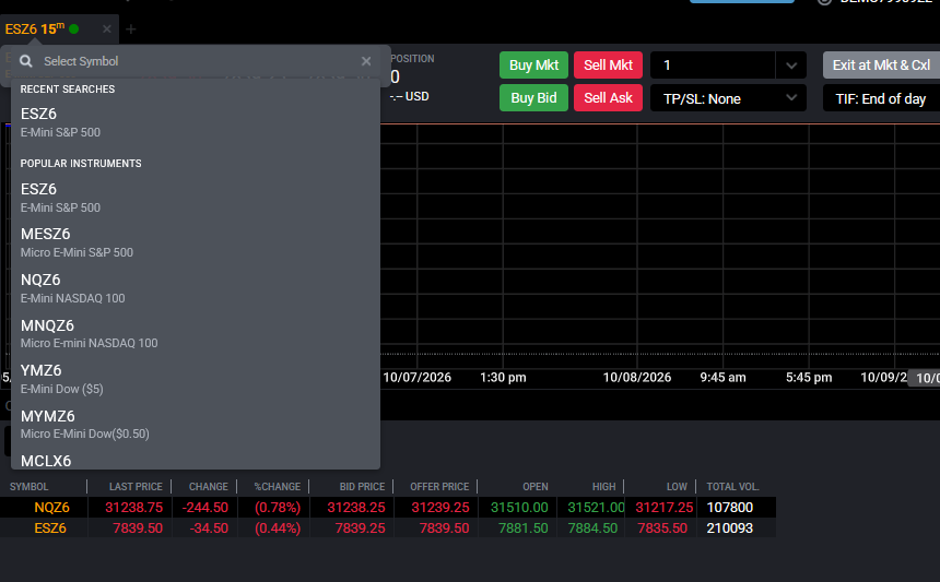 Tradovate chart module with the instrument name tab clicked, showing the search dropdown to swap contracts