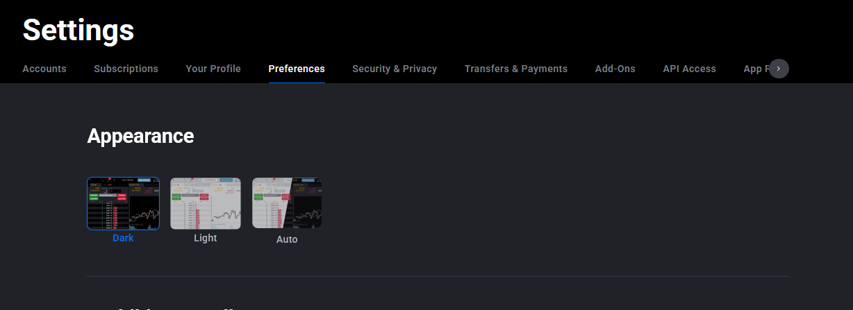 Sezione Appearance in cima alla pagina Preferences di Tradovate con le opzioni del tema
