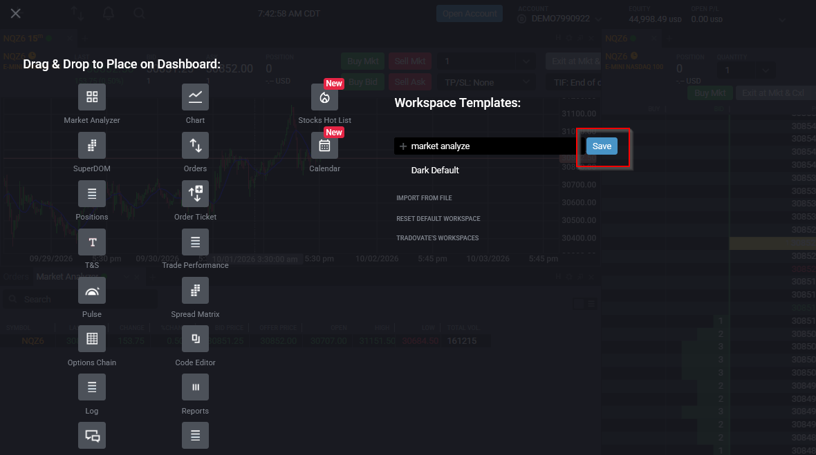 Saving a Tradovate workspace so the color links return next session