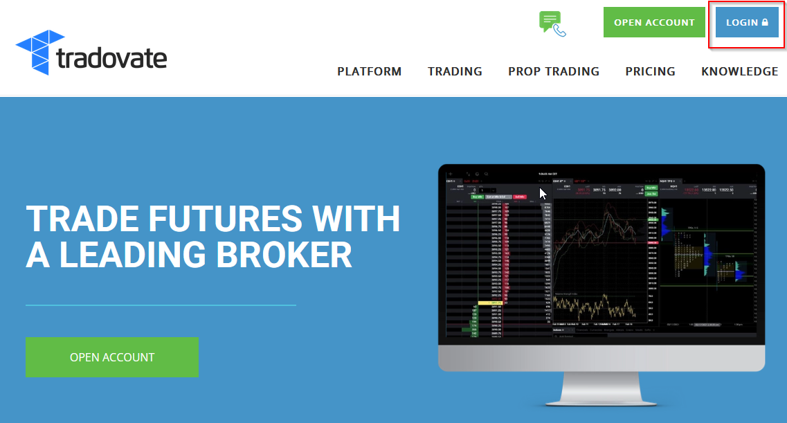 Tradovate web trader login screen showing the sign-in form