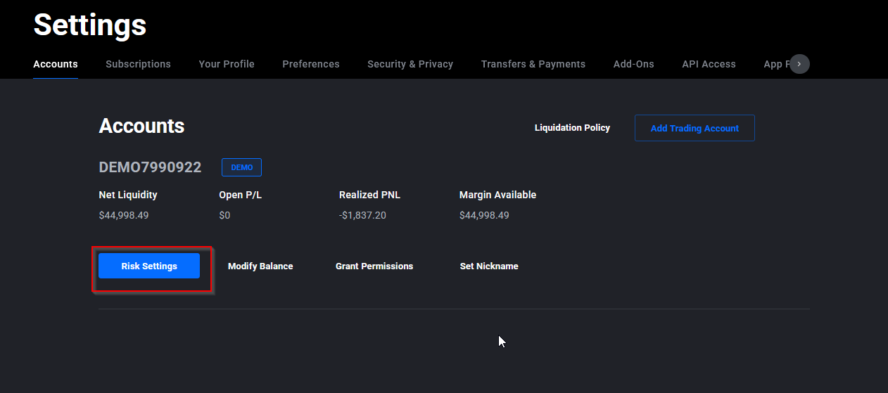 Tradovate Application Settings menu showing the Risk Settings button