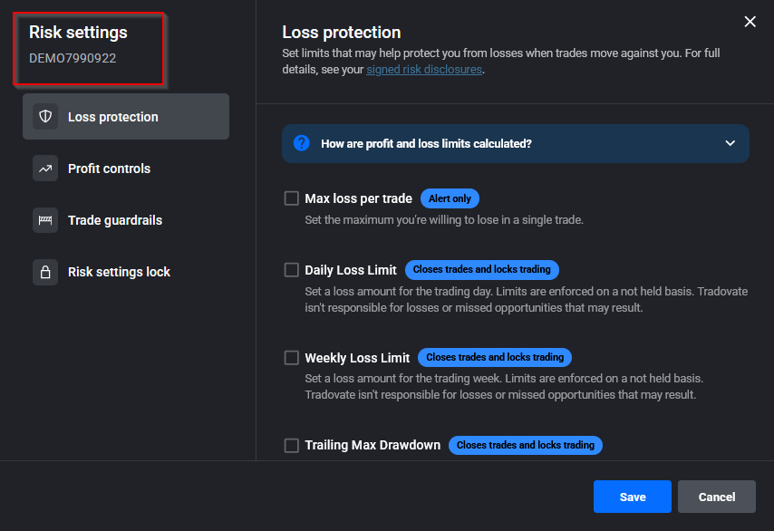 Tradovate Risk Settings screen showing the account selector dropdown