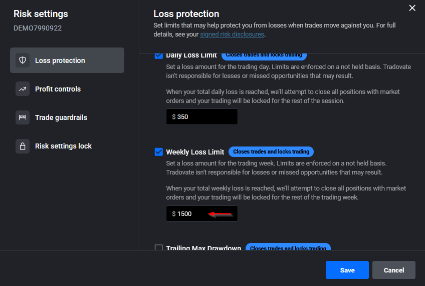 Tradovate Risk Settings showing the Weekly Loss Limit field enabled with a value