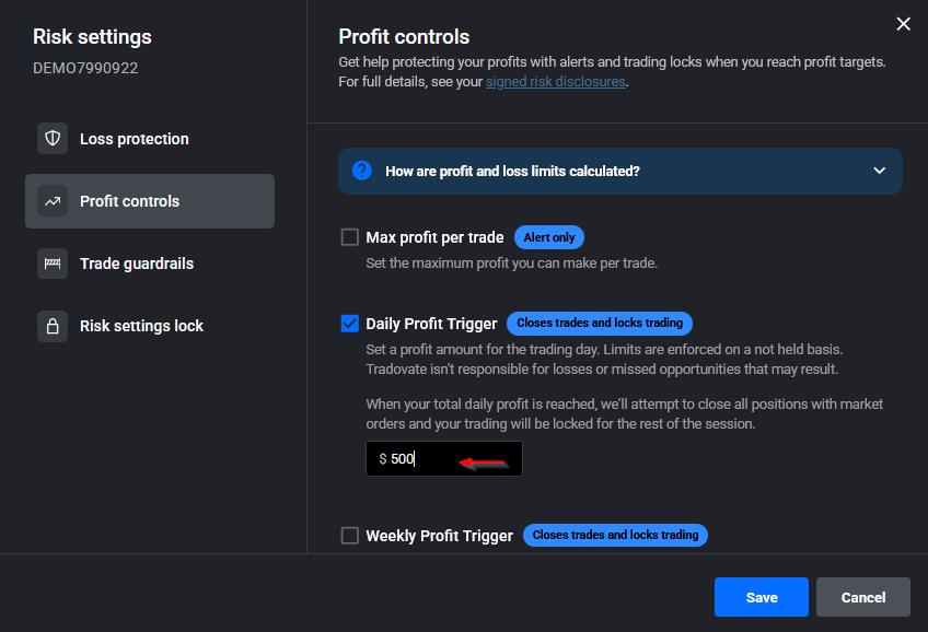 Tradovate Risk Settings showing profit trigger fields and the Save button