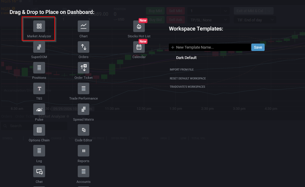 Menú New + de Tradovate con el módulo Market Analyzer arrastrado al espacio de trabajo