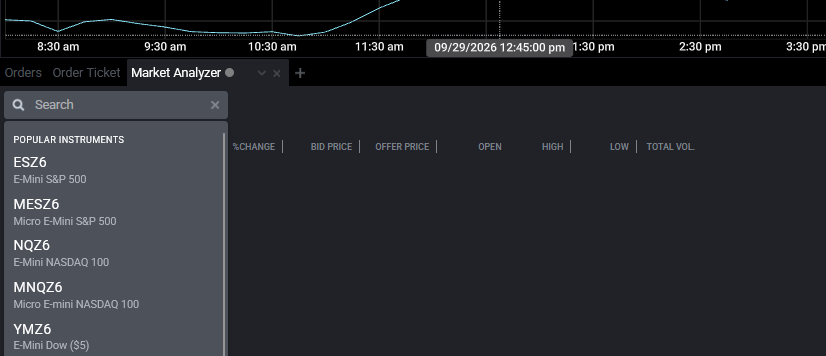 Barra de búsqueda del Market Analyzer de Tradovate añadiendo un símbolo de futuros como nueva fila en la cuadrícula
