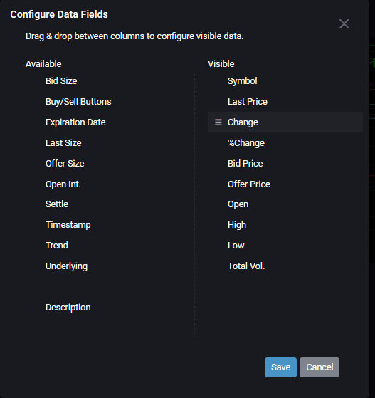 Panel Select Columns del Market Analyzer de Tradovate con las listas de campos Available y Visible