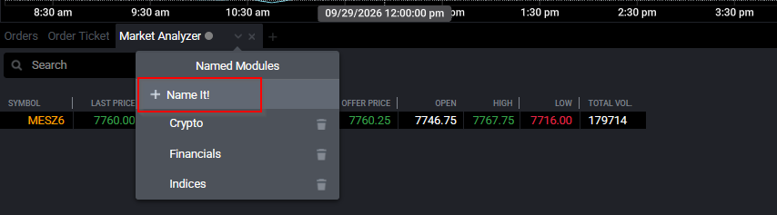 Menú desplegable del Market Analyzer de Tradovate con la opción Name It para guardar una lista de instrumentos con nombre