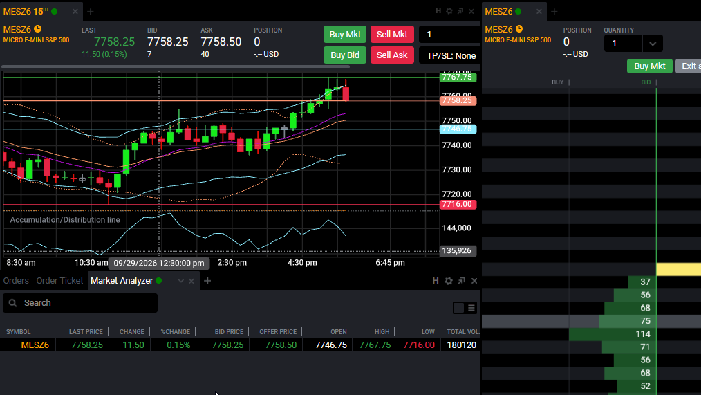 Desplegable de color en la pestaña de un módulo de Tradovate para vincular el Market Analyzer con un gráfico y el DOM