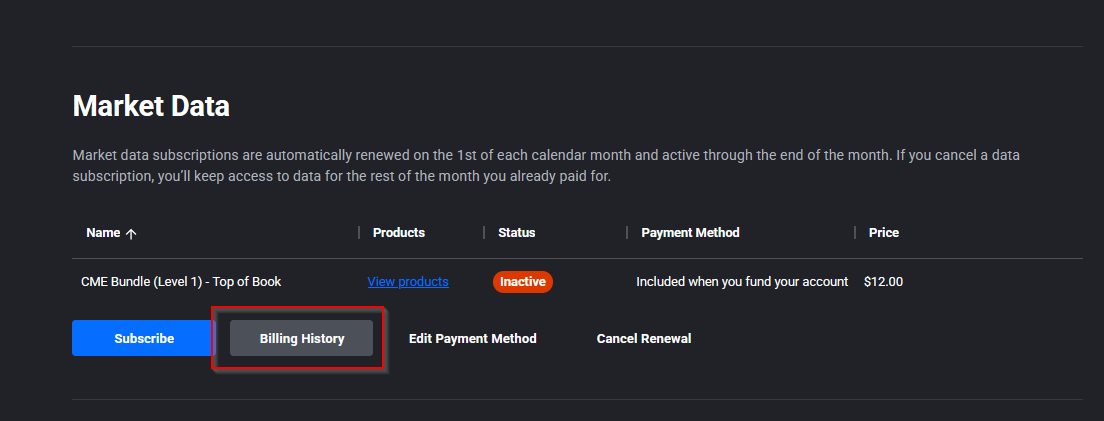 Tradovate Subscriptions tab scrolled to the Market Data section with the Edit Payment Method option
