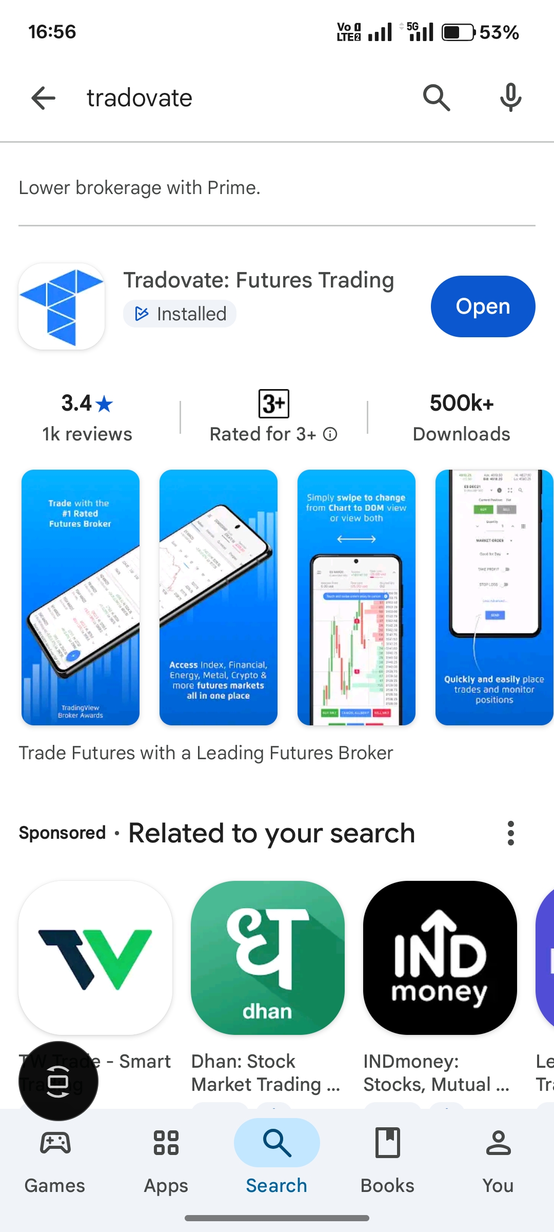 Search results showing the official Tradovate app published by Tradovate LLC