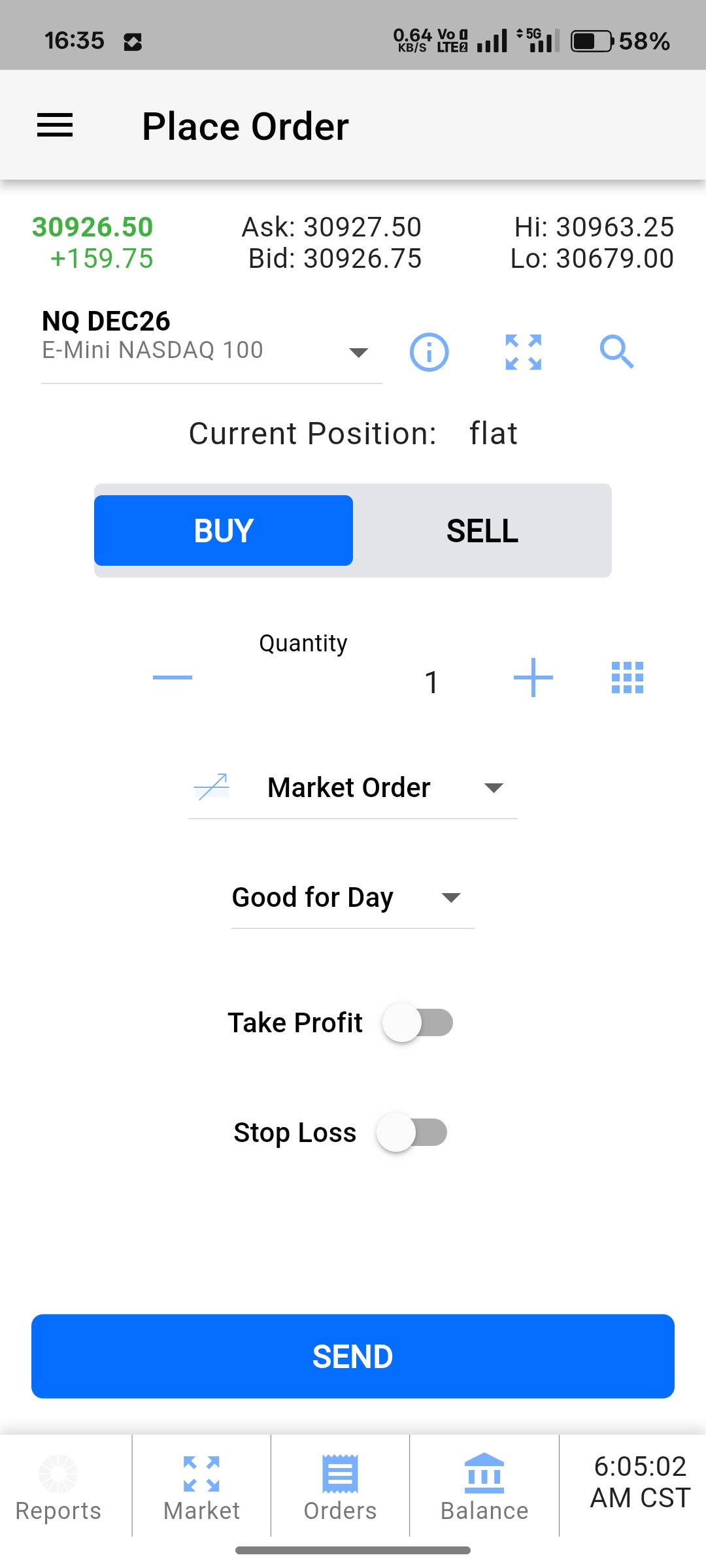 Tradovate mobile order ticket showing the Buy and Sell toggle and the order type selector
