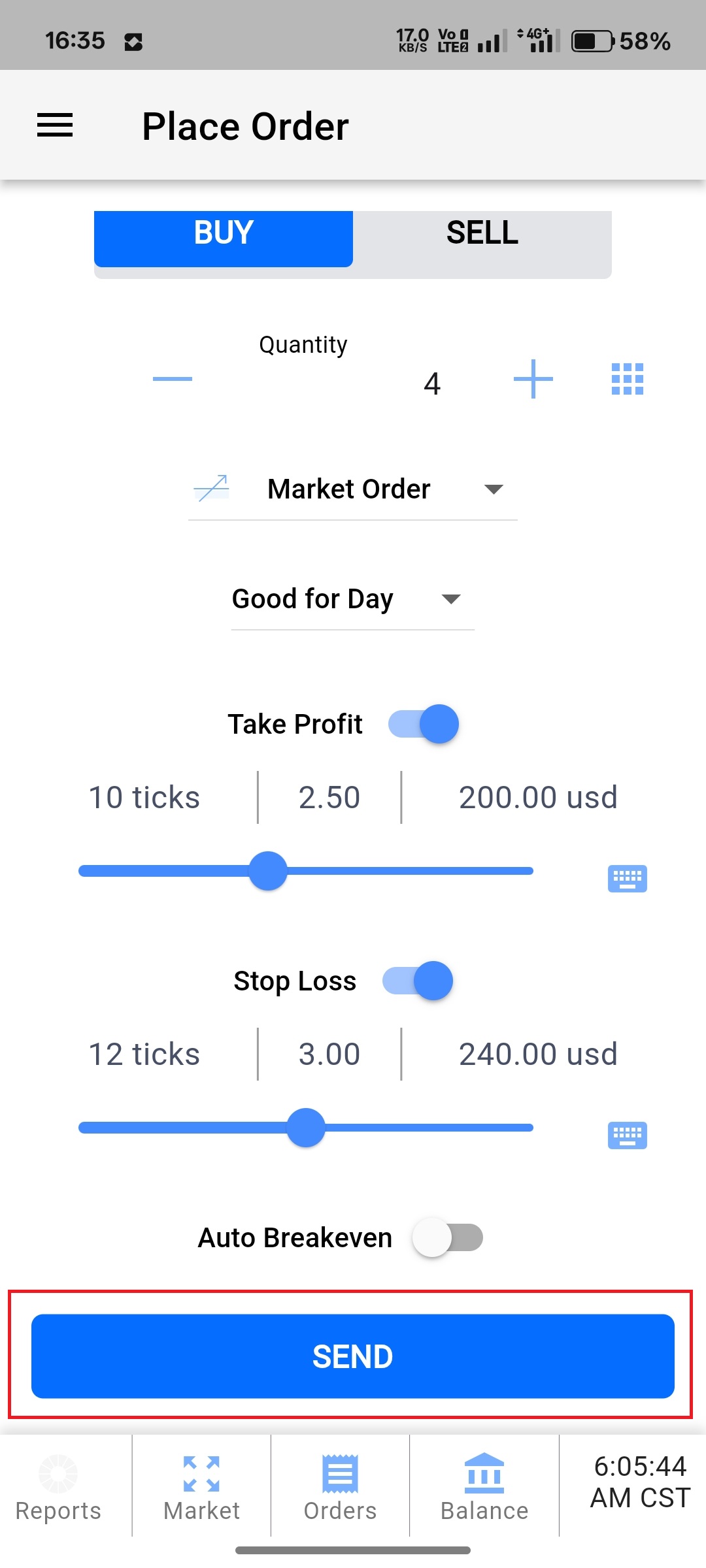 Tradovate mobile order ticket confirmation view with quantity and bracket settings and the Send button