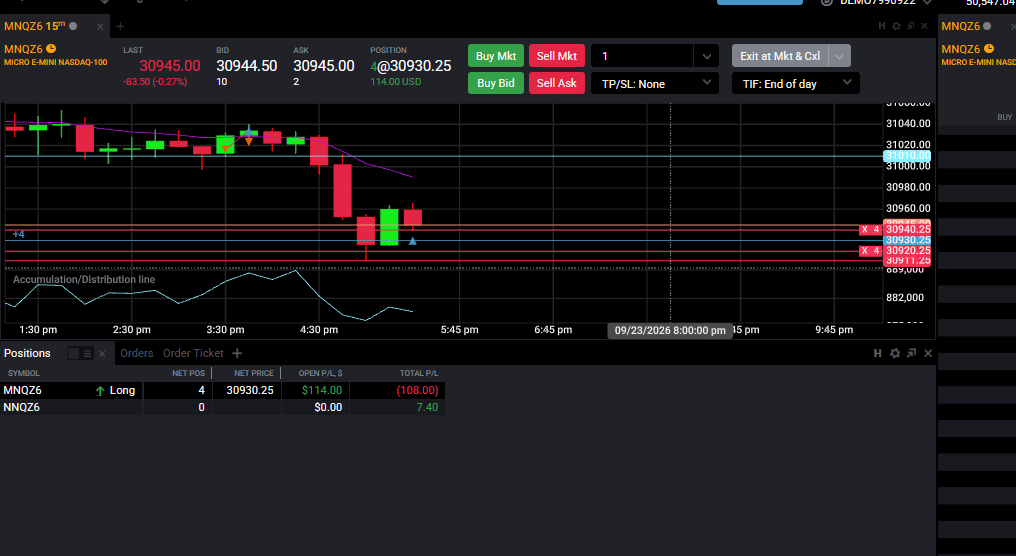 Tradovate left sidebar with the Positions module selected