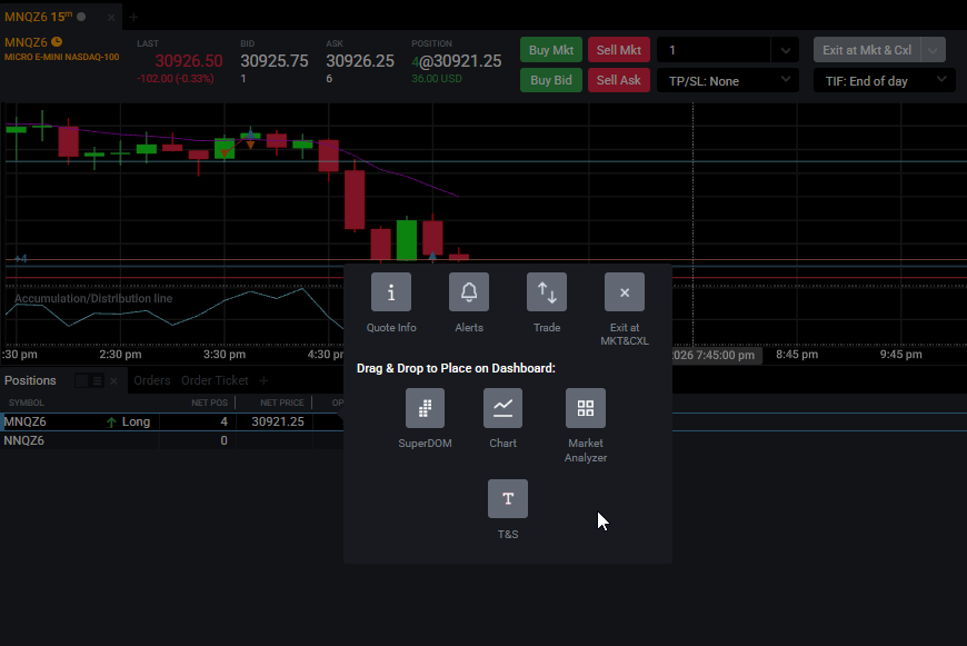 Position row with the flatten or close control that shuts the position and cancels related orders