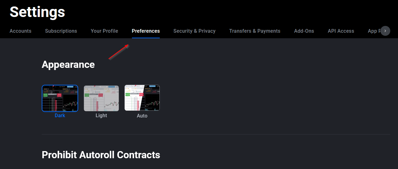 Tradovate Preferences tab scrolled to the Notifications section