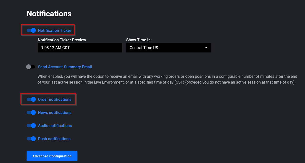 Notifications section of the Tradovate Web Preferences page with Order Notifications and Notification Ticker toggles