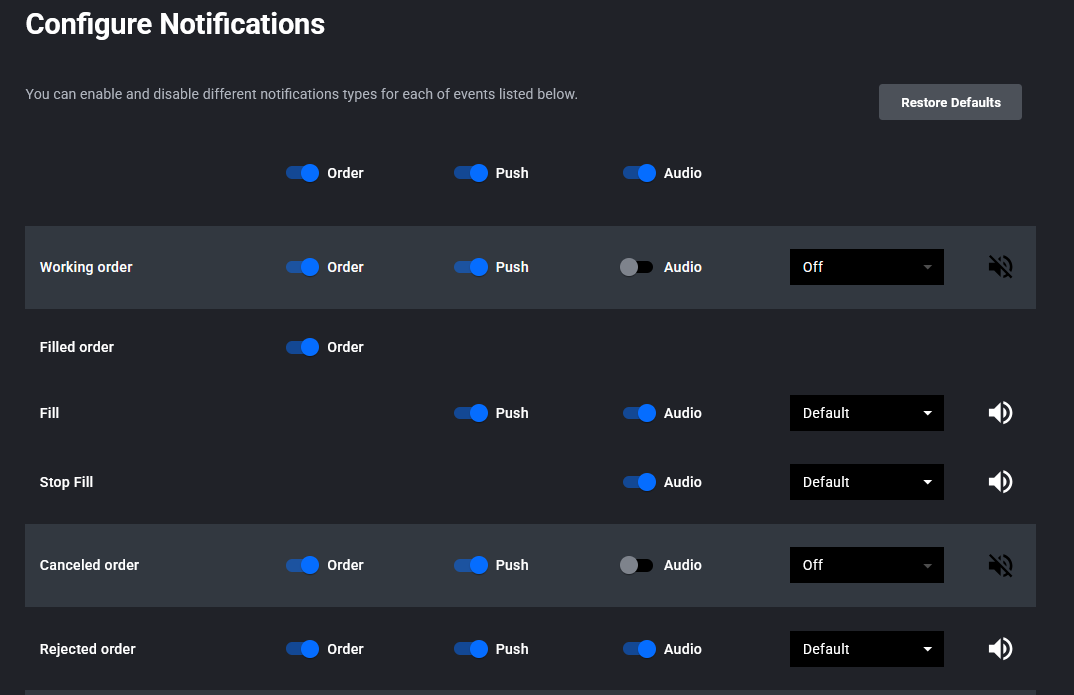Push and audio notification controls with sound options for each order status in Tradovate Web