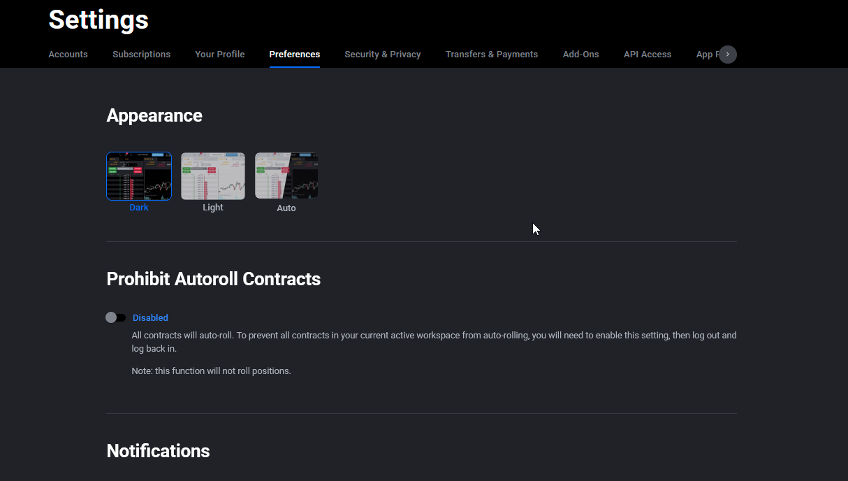Menü Application Settings im Tradovate-Web-Trader mit ausgewählter Option Notifications
