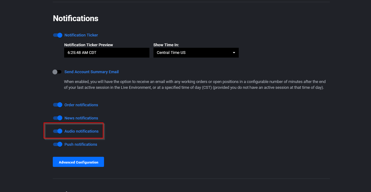 Liste Audio Notifications mit Order-Ereignissen, Schaltern und blauen Links zum aktuellen Sound