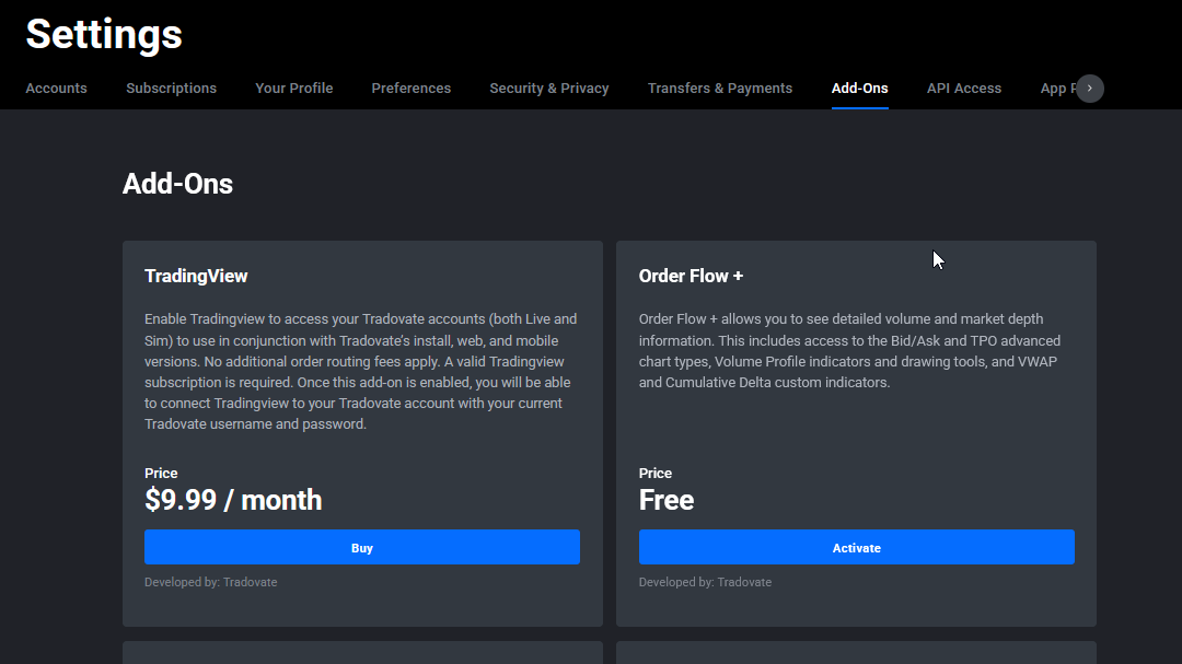 Tradovate Application Settings Add-ons tab scrolled to the Order Flow+ entry