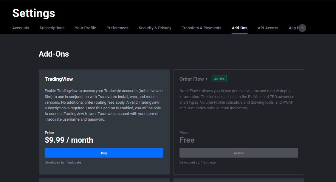 Tradovate Order Flow+ add-on activation confirmation showing it is included with the account plan