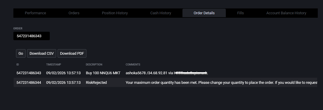 Recherche Order Details dans Reports de Tradovate avec un champ Order Number et un bouton Go