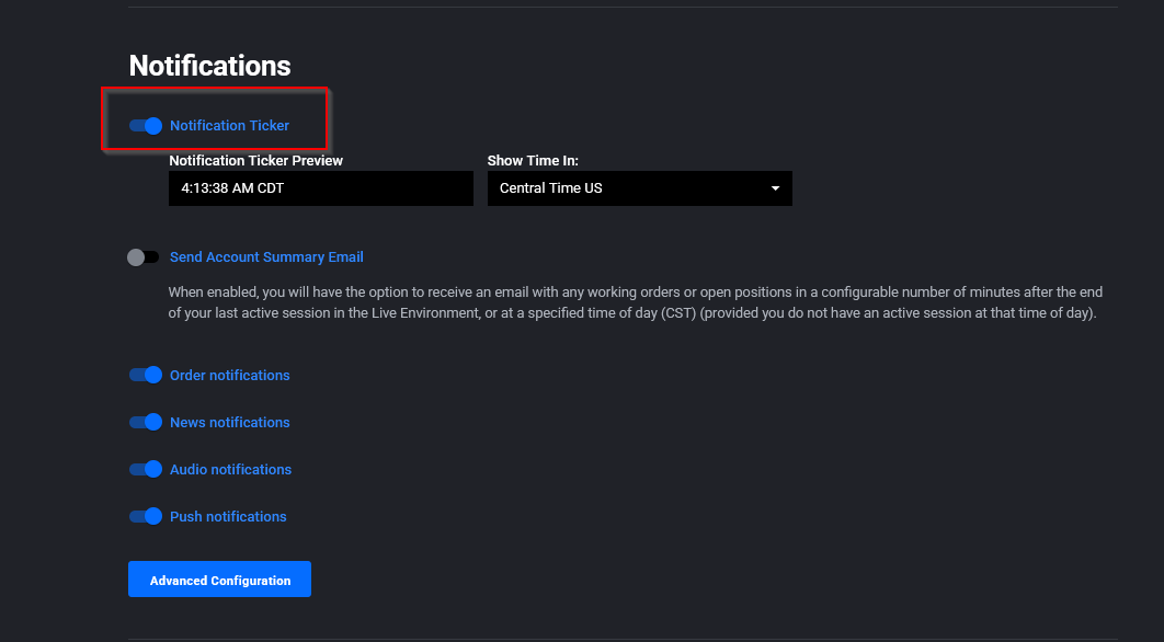 Impostazioni delle notifiche di Tradovate con gli interruttori Order Notifications e del pannello ticker