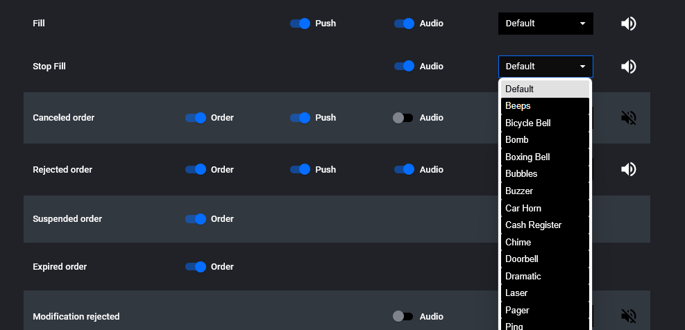 Opzioni di notifica audio di Tradovate con selettore del suono e pulsante di prova per uno stato dell'ordine