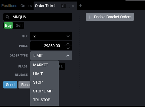 Aufgeklapptes Ordertyp-Dropdown im Tradovate Order Ticket mit Market, Limit und Stop sowie einem Preisfeld