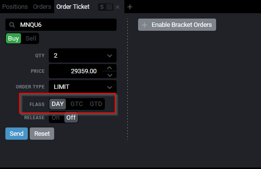 Tradovate Order Ticket mit auf Day gesetzter Time-in-Force und hervorgehobener Send-Schaltfläche