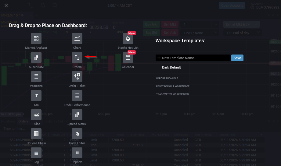 Tradovate New menu open in the upper-left corner with the Orders option highlighted
