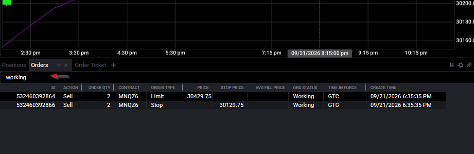 Tradovate Orders module status filter set to Working orders only