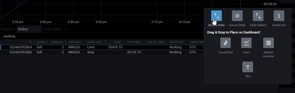 Tradovate Modify order popup showing price and quantity fields for a working order