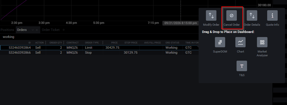 Tradovate right-click order menu with the Cancel option highlighted