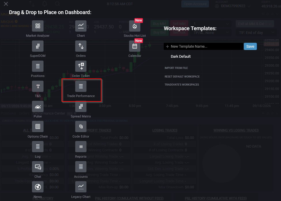 Adding the Performance Center module from the Tradovate Workspace Manager