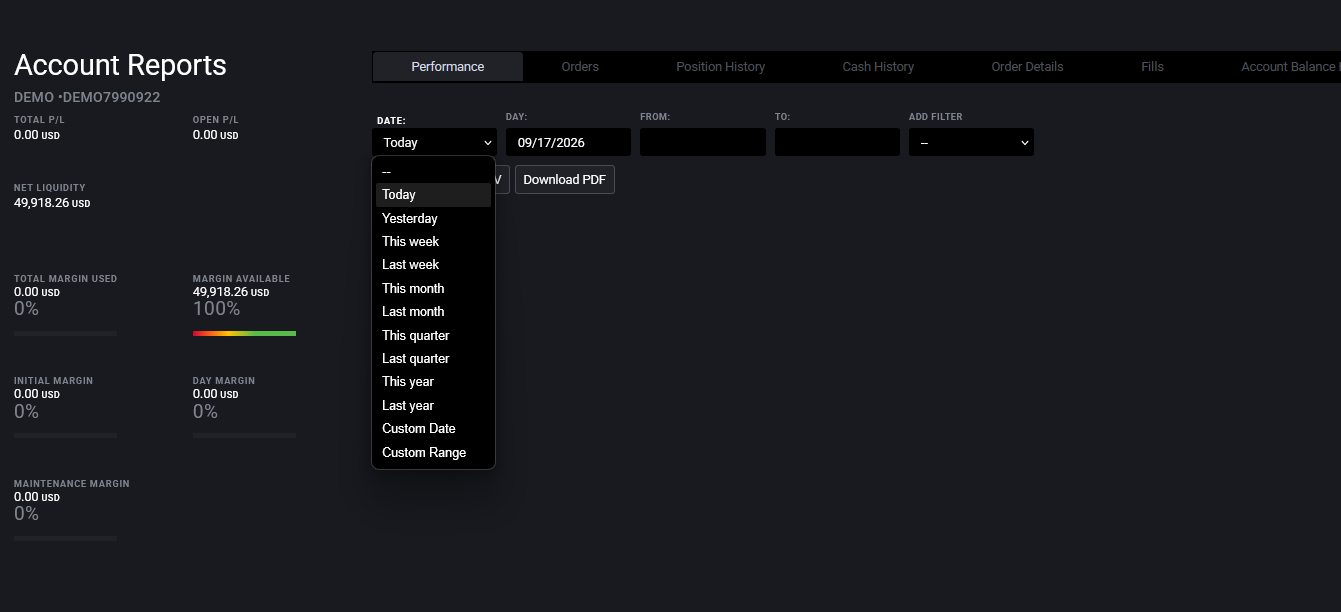 Opening the Performance Report from the Performance Center to view historical stats