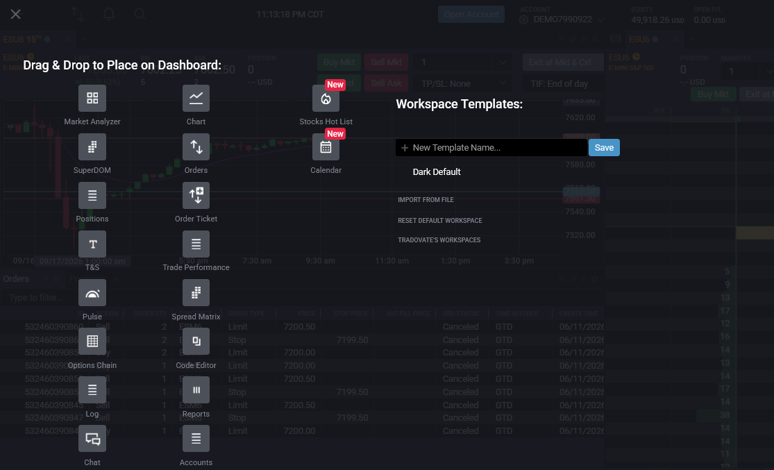 Tradovate-Workspace mit geöffneter Schaltfläche New Plus, die die Liste der hinzufügbaren Module zeigt